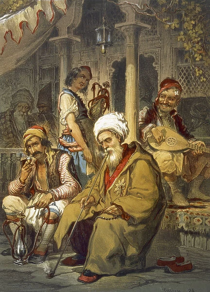 Scene in a Cafe, 1865 (colour litho)