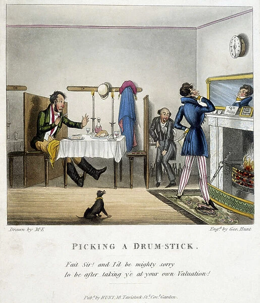Scene depicting three men in an English restaurant. One of them (the sitting man), drunk