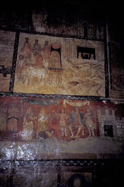Scene depicting Moses being rescued by Pharaoh's daughter from the interior painted west wall of the synagogue, mid-2nd century AD (photo)