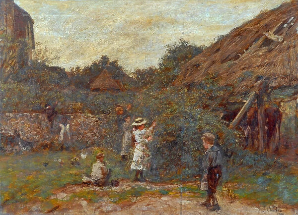 Scene in farmyard with children picking fruit, 1901 (oil on canvas)