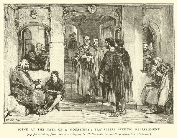 Scene at the gate of a monastery, travellers seeking refreshment (engraving)