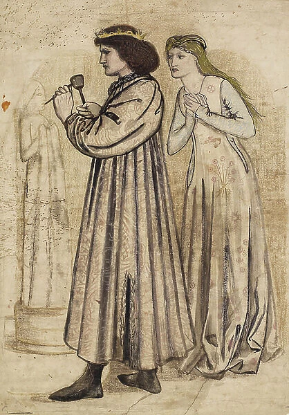 Scene of King Rene sculpting a figure while being watched by his new bride (pen & india ink with wash and pencil on paper)