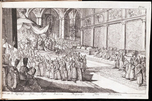 Scene a la cour russe d Alexis I Mikhailovitch (1619-1676), dit le tsar tres paisible (A scene at the royal court of Tsar Alexis Mikhailovich) - Etching by Romeyn de Hooghe (1645-1708), 1677 - Private Collection