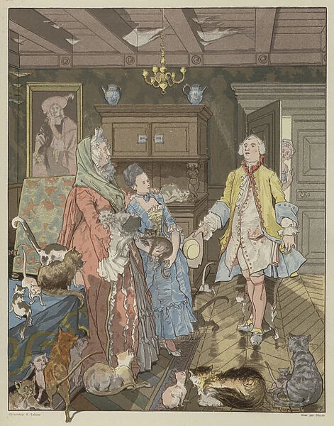 Scene from La Dame de Gai-Fredon, by Quatrelles (Ernest L Epine) (colour litho)