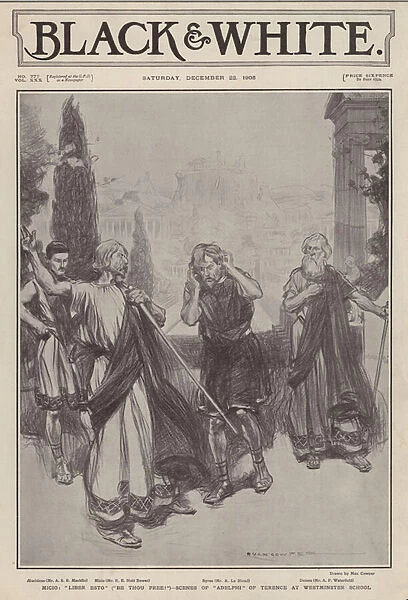 Scene from a production of ancient Roman playwright Terences play Adelphi performed at Westminster School, London (litho)