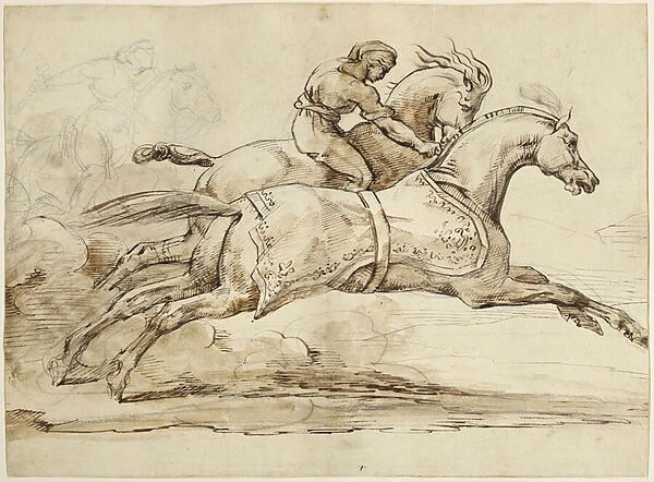 Scene from the Race of the Barberi Horses (brown ink & graphite on laid paper lined with tissue)