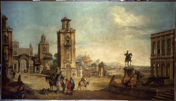 'Scene de rue dans une ville, la grande place avec monuments'(View of a town) Peinture de Francesco Battaglioli (ec. venit. ) (1722-1790) 18eme siecle Musee de l ermitage, saint Petersbourg
