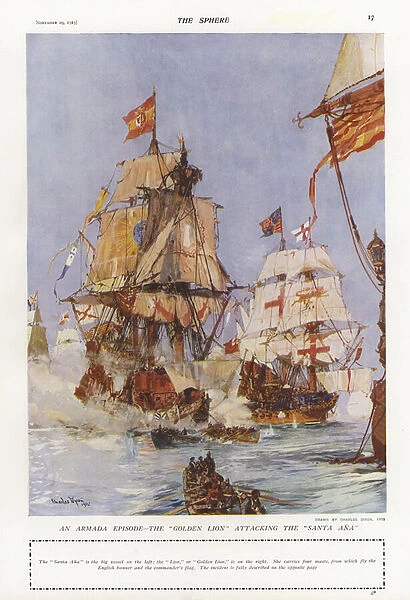 Scene from the Spanish Armada, 1588 (colour litho)