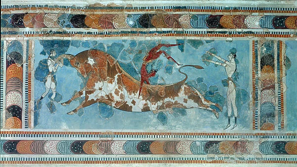 Scene of taurokathapsia, an acrobat leaping over the back of a charging bull