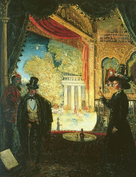 A Scene in a Theatre: A Performance Seen from a Box in which Three figures are Standing