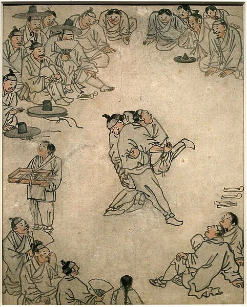 Scene of traditional wrestling, with spectators and a confectionery seller. Painting by Danwon (Kim Hongdo) (1745-1806), ink on paper, Coreen art, period Joseon (Choson) 18th century. National Museum of Korea, Seoul (South Korea)