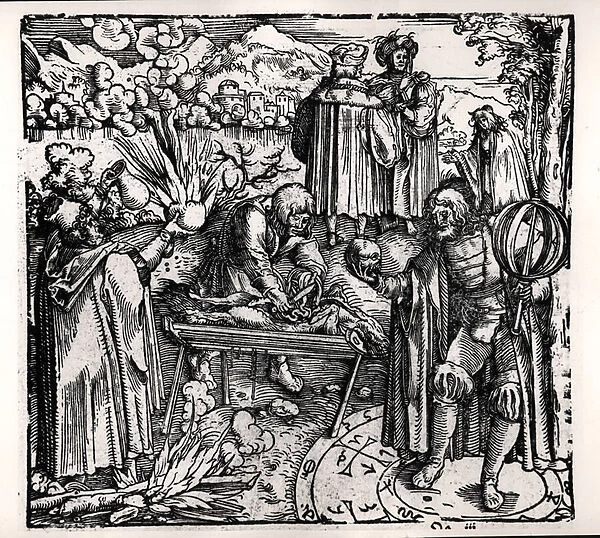Scenes of divination, including haruspication, pyromancy and necromancy (engraving