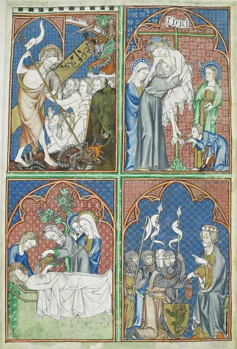 Framed Print : Four scenes. The Harrowing of Hell; Christ, in the presence of jeering devils, leads Adam and Eve from the mouth of Hell, while Lucifer, chained, is trodden underfoot. The Deposition from the Cross