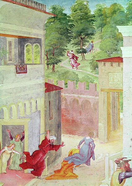 Scenes from the Life of St. Barbara, detail of St. Barbara being threatened by her father, c. 1523-24 (fresco)