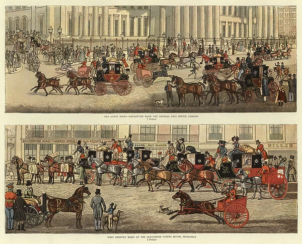 Scenes on the Road in the Old Coaching Days (colour litho)