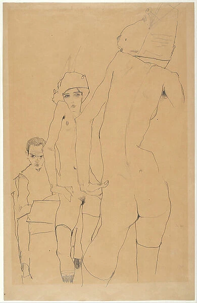 Schiele with Nude Model before the Mirror, 1910 (pencil on paper)