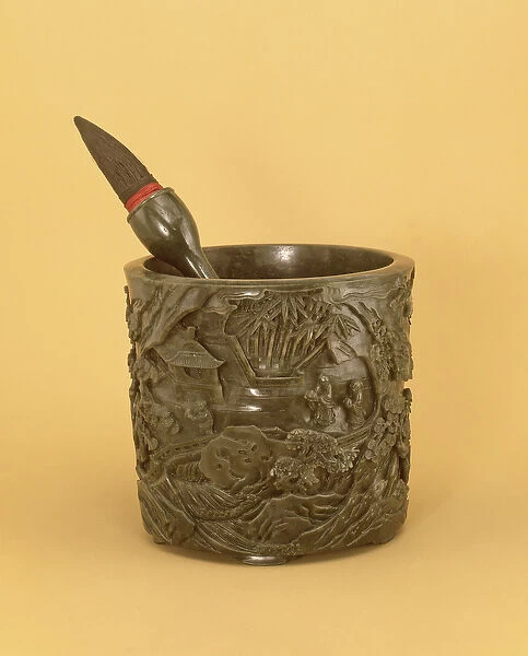 Scholars brush holder and brush, Qianlong Period (1736-95) (nephrite jade)