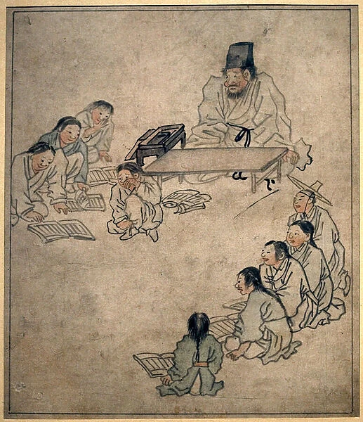 A school class. Painting by Danwon (Kim Hongdo) (1745-1806), ink on paper, Coreen art, period Joseon (Choson) 18th century. National Museum of Korea, Seoul (South Korea)