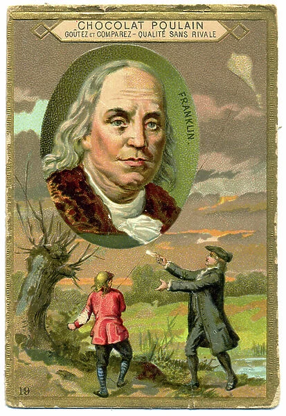 Science. Energy. Benjamin Franklin experience with the kite and the thunder, 1750. Imagery, France, c.1900