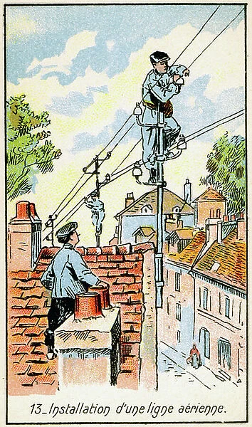 Science. Energy. Setting of an electric line. Imagery from a series on the Wonder of Electricity, France, c.1910