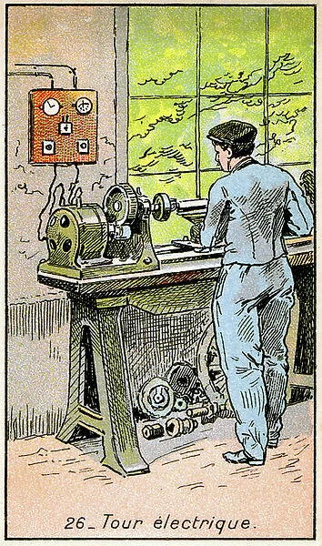 Science. Energy. Worker using an electric metalworking lathe. Imagery from a series on the Wonder of Electricity, France, c.1910