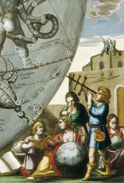 Scientists (astrologers and astronomers) studying globes and the sky chart