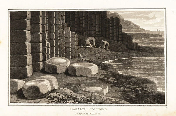 Scientists investigating basalt columns, Staffa, Scotland. 1807 (aquatint)