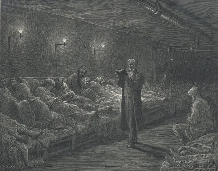 Framed Print : Scripture Reader in a Night Shelter': Destitute men lying on the long communal bed slope in a London night shelter listening to the nightly reading from the Bible before the fish-tail gas lights were extinguished