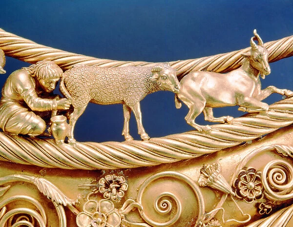 Scythian milking a ewe, detail from a gold pectoral from Tolstaya Mogila