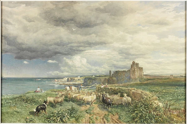Sea Coast with Castle, Sheep and Shepherd (w  /  c & scratching out on paper)