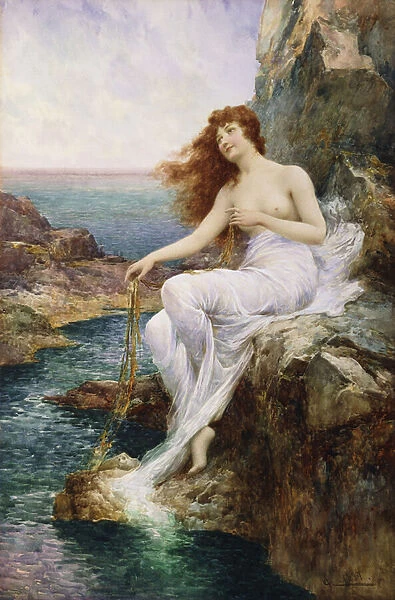 A Sea Nymph Seated on a Rock with a Ribbon of Seaweed, 1897 (watercolour)