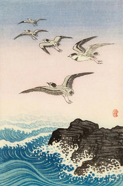 Five Seagulls Above a Rock in the Sea, 20th century (japanese print)