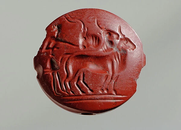 Seal depicting man with oxen, -360 BC (red jasper)
