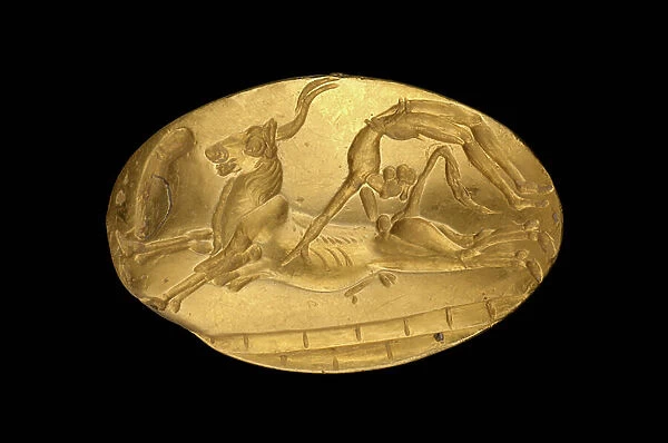 Seal ring showing bull-leaping scene, -75 BC (gold)