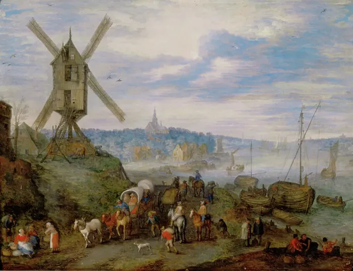 Framed Print : Seaport with windmill Framed Print : Seaport with windmill