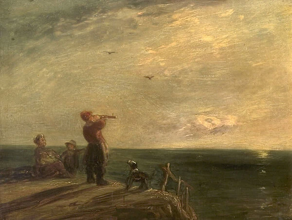 Seascape with Figures and Dog, Sunset (oil on wood)