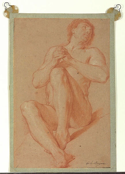 A seated academic nude with his hands clasped, c. 1723-24 (red & white chalk on light brown paper)