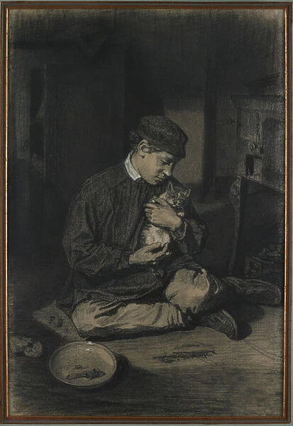 Seated Boy Holding a Cat (recto); Study of Kittens and a Plate of Milk (verso), c