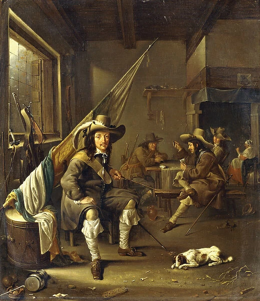 A Seated Cavalier with Soldiers playing Cards, 1655 (oil on canvas)
