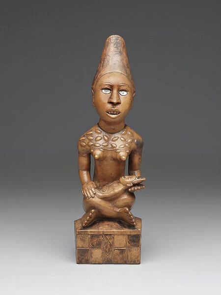 Seated female figure with child (pfemba) Yombe Group, Kongo Peoples (wood, glass or mica & stain)