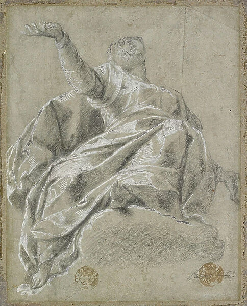 Seated female figure on a cloud, gazing upwards, 1600-1675 (black chalk with white bodycolour on blue paper)
