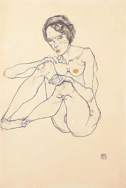 Seated female nude, 1914 (gouache, w  /  c & pencil on paper) (recto of 993715)