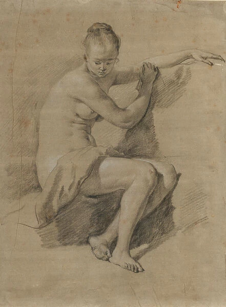 Seated female nude, c. 1660-70 (Black and white chalk drawing)