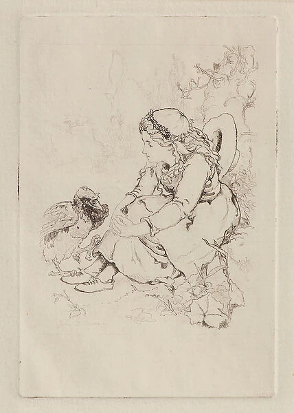 Seated Girl and Large Bird (etching)