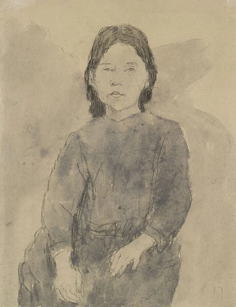Seated Girl (Marie Hamonet?) (charcoal, grey wash & bodycolour on grey paper)