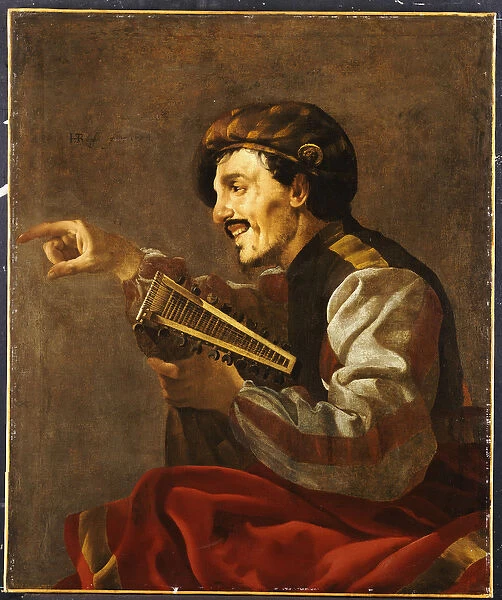 A Seated Lutanist Pointing (oil on canvas)