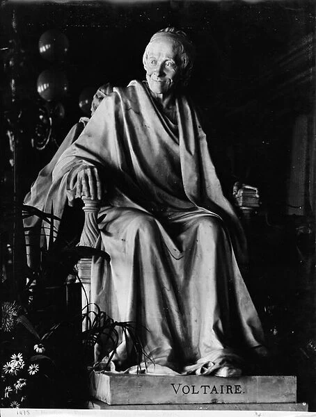 Seated sculpture of Voltaire (1694-1778) (marble) (b  /  w photo)