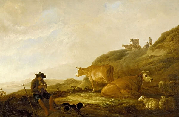Seated Shepherd with Cows and Sheep in a Meadow, 1644 (oil on oak panel)
