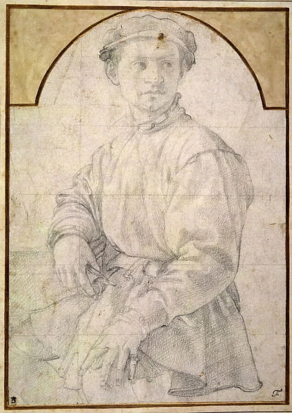 A seated youth wearing a cap (chalk on paper)