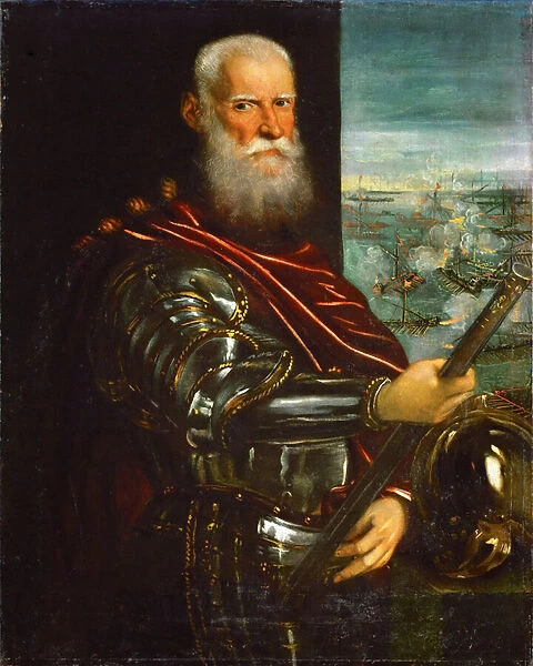 Sebastiano Venier (1496-1578), with the Battle of Lepanto in background - Jacopo